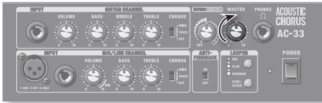 INPUT VOLUME BASS MIDDLE TREBLE CHORUS WIDE SPACE OFF MASTER PHONES ACOUSTIC CHORUS AC-33 INPUT MIC/LINE CHANNEL VOLUME BASS TREBLE CHORUS WIDE SPACE OFF ANT- PEREER MACK LOOPER POWER 1.000 x 1.000 x 1.000x HCC PLAY OVEROUT STOP CLEAR