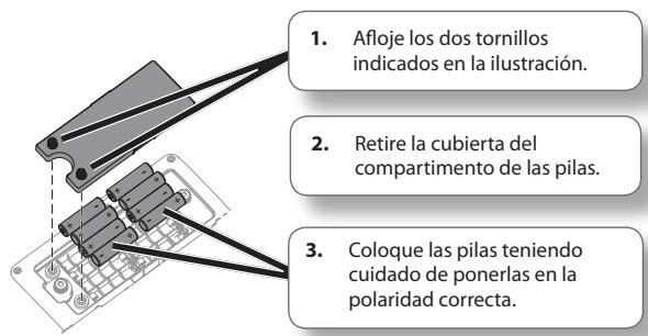 1. Afloje los dos tornillos indicados en la ilustración. 2. Retire la cubierta del compartimento de las pilas. 3. Coloque las pilas teniendo cuidado de ponerlas en la polaridad correcta.