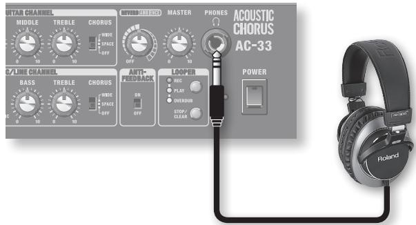 UTAR CHANNEL MIDDLE TREBLE CHORUS WIDE SPACE OFF OFF MASTER PHONES ACOUSTIC CHORUS AC-33 C/LIME CHANNEL BASS TREBLE CHORUS WIDE SPACE OFF Anti-FEDBACK LOOPER REC PLAY OVERDUB STOP/CLEAR POWER Roland