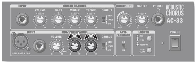 INPUT VOLUME BASS MIDDLE TREBLE CHORUS WIDE SPACE OFF POWER ACOUSTIC CHORUS AC-33 INPUT MIC Ruler GM/Hz VOLUME WIDE SPACE OFF CHORUS WIDE SPACE OFF POWER LOOPER ON: OFF POWER 1:500 2:100 3:100