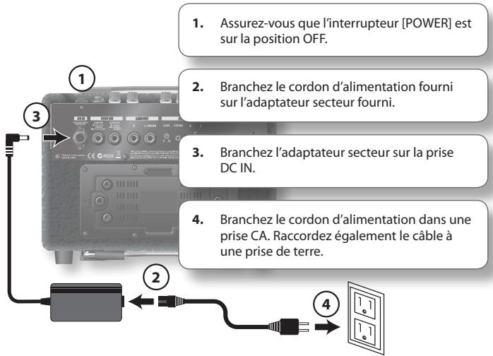 1. Assurez-vous que l'interrupteur [POWER] est sur la position OFF. 2. Branchez le cordon d'alimentation fourni sur l'adaptateur secteur fourni. 3. Branchez l'adaptateur secteur sur la prise DC IN. 4. Branchez le cordon d'alimentation dans une prise CA. Raccordez également le câble à une prise de terre.