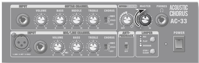INPUT VOLUME BASS MIDDLE TREBLE CHORUS WIDE SPACE OFF POWER METERED MASTER PHONES ACOUSTIC CHORUS AC-33 INPUT MIC/LINE CHANNEL ANTI- REBACK LOOPER POWER 1.000 2.000 3.000 VOLUME BASS TREBLE CHORUS WIDE SPACE OFF ON OFF ACOUSTIC CHORUS AC-33 POWER