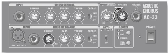 INPUT VOLUME BASS MIDDLE TREBLE CHORUS WBE SPACE OFF WHOLE MASTER PHONES ACOUSTIC CHORUS AC-33 INPUT MIC/LINE CHANNEL VOLUME BASS TREBLE CHORUS WBE SPACE OFF WHOLE MOOPER AC PLAY OVERUS STOP CLEAR POWER