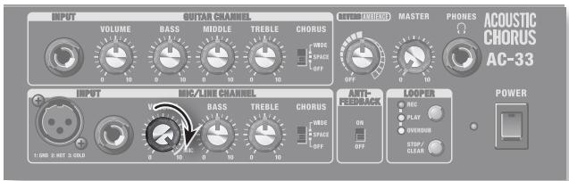 INPUT VOLUME BASS MIDDLE TREBLE CHORUS WIDE SPACE OFF POWER ACOUSTIC CHORUS AC-33 INPUT MIC/LINE CHANNEL BASS TREBLE CHORUS WIDE SPACE OFF AUTO-FREEKMCK MOOPER AIC PLAY VERIOUS STOP CLEAN POWER