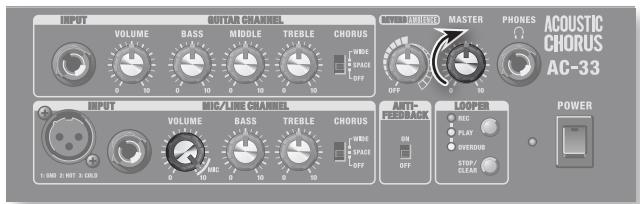 INPUT VOLUME BASS MIDDLE TREBLE CHORUS WIDE SPACE OFF POWER MASTER PHONES ACOUSTIC CHORUS AC-33 INPUT MIC/LINE CHANNEL VOLUME BASS TREBLE CHORUS WIDE SPACE OFF ANTI-FEED MACK LOOPER MIC PLAY OVERUS STOP CLEAR POWER