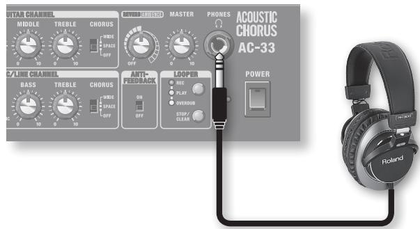 UTAR CHANNEL MIDDLE TREBLE CHORUS WIDE SPACE OFF WHOLE MOUNTED MASTER PHONES ACOUSTIC CHORUS AC-33 C/LINE CHANNEL BASS TREBLE CHORUS WIDE SPACE OFF ANTI-FREEBACK LOOPER REC PLAY OVERDIN STOP/CLEAR POWER Roland