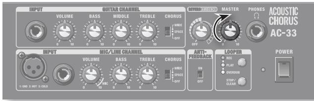 INPUT VOLUME BASS MIDDLE TREBLE CHORUS WIDE SPACE OFF MASTER PHONES ACOUSTIC CHORUS AC-33 INPUT MIC/LINE CHANNEL VOLUME BASS TREBLE CHORUS WIDE SPACE OFF ANTIFRUM/LOCK LOOPER HCC PLAY OVEROUT STOP CLEAR POWER