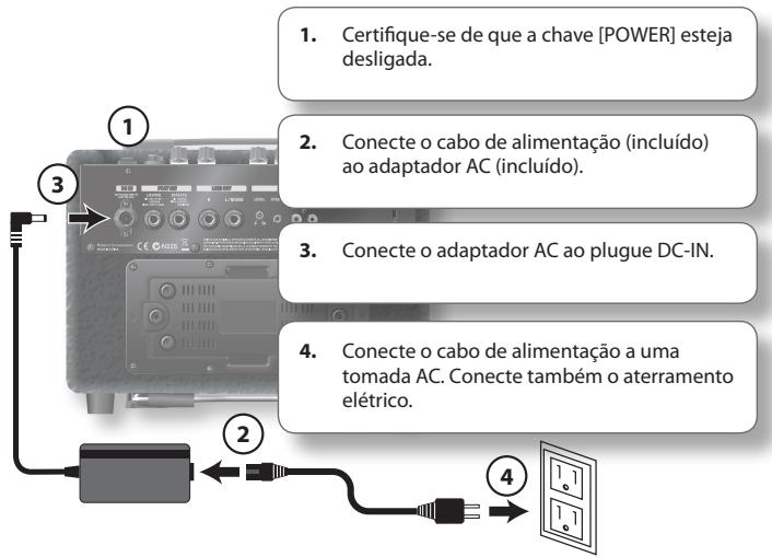 1. Certifique-se de que a chave [POWER] esteja desligada. 2. Conecte o cabo de alimentação (incluído) ao adaptador AC (incluído). 3. Conecte o adaptador AC ao plugue DC-IN. 4. Conecte o cabo de alimentação a uma tomada AC. Conecte também o aterramento elétrico.