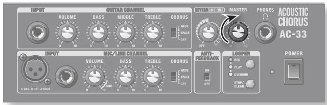 INPUT VOLUME BASS MIDDLE TREBLE CHORUS WIDE SPACE OFF POWER MASTER PHONES ACOUSTIC CHORUS AC-33 INPUT MIC/LINE CHANNEL VOLUME BASS TREBLE CHORUS WIDE SPACE OFF AUTO-FEED/ACK POWER MIC PLAY OVEROUT STOP/CLEAR POWER 1:100 2:100 3:100