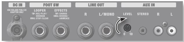 DC IN USE ROLAND PIS+120 AD/PLD/DIV ONLY LOOPER TP: REC/FLRT/ OVERLOAD RNG: STOP/CLEAR EFFECTS TP: CHOURS RNG: REVER/ AMBENCE LINE OUT R L/MONO AUX IN LEVEL STEREO R L 0 10