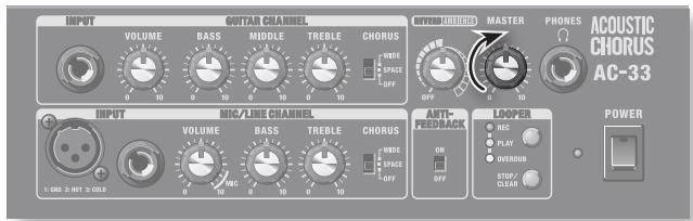 INPUT VOLUME BASS MIDDLE TREBLE CHORUS WIDE SPACE OFF MASTER PHONES ACOUSTIC CHORUS AC-33 INPUT MIC/LINE CHANNEL VOLUME BASS TREBLE CHORUS WIDE SPACE OFF AUTO-REEDBACK LOOPER NHC PLAY OVEROUT STOP/ CLEAN POWER
