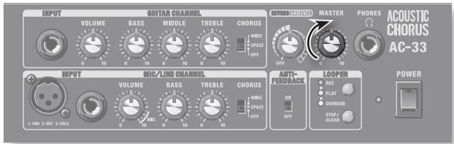 INPUT VOLUME BASS MIDDLE TREBLE CHORUS WIDE SPACE OFF POWER ACOUSTIC CHORUS AC-33 INPUT MIC/LINE CHANNEL VOLUME BASS TREBLE CHORUS WIDE SPACE OFF ANTIFEEMACK MOOPER ON OFF POWER 1:500 2:100 3:000A