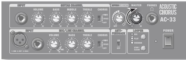 INPUT VOLUME BASS MIDDLE TREBLE CHORUS WIDE SPACE OFF MASTER PHONES ACOUSTIC CHORUS AC-33 INPUT MIC/LINE CHANNEL VOLUME BASS TREBLE CHORUS WIDE SPACE OFF AUTO- REDEBACK LOOPER REC PLAY OVEROUT STOP/ CLEAN POWER 1: 50 2: INT. 2: 100Ω