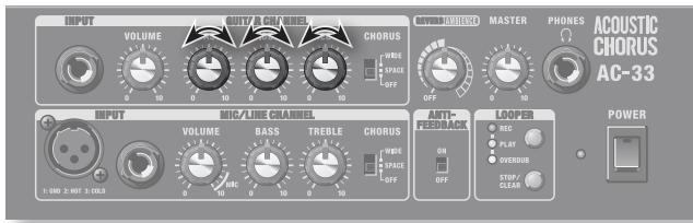 INPUT VOLUME 10 OUTPUT CIRI KINES CHORUS WIDE SPACE OFF MASTER PHONES ACOUSTIC CHORUS AC-33 INPUT MIC/LINE CHORUS VOLUME BASS TREBLE CHORUS WIDE SPACE OFF AUTO- FEEDBACK LOOPER REC PLAY OVEROUT STOP/ CLEAN POWER 1:00 2:00 3:00.2