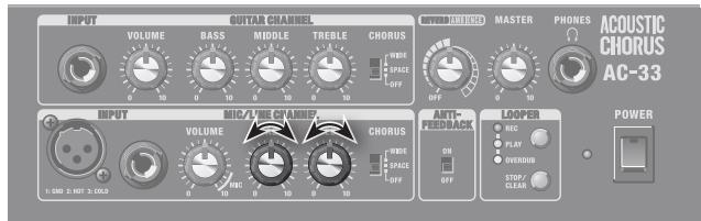 INPUT VOLUME BASS MIDDLE TREBLE CHORUS WIDE SPACE OFF MASTER PHONES ACOUSTIC CHORUS AC-33 INPUT VOLUME BASS MIDDLE TREBLE CHORUS WIDE SPACE OFF ANT+ KEEPBACK OFF LOOPER HED PLAY OVERNO STOP/ CLEAR POWER 1.000 2.001 3.002