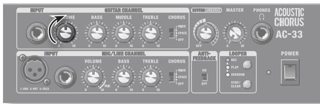 INPUT OUTRAN CHANNEL METHI LABRICERS MASTER PHONES ACOUSTIC CHORUS AC-33 INPUT MIC/LINE CHANNEL VOLUME BASS MIDDLE TREBLE CHORUS 1/0 DND 2 - INT. 3 - OUT.0 VOLUME BASS MIDDLE TREBLE CHORUS 1/0 DND 2 - INT. 3 - OUT.0 ANTI-FEED BACK LOOPER OFF OFF POWER