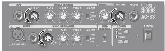 INPUT VOLUME BASS MIDDLE TREBLE CHORUS WIDE SPACE OFF MASTER PHONES ACOUSTIC CHORUS AC-33 INPUT VOLUME BASS TREBLE CHORUS WIDE SPACE OFF ANTI- FROOD MACK LOOPER HCC PLAY OVERUS STOP CLEAV POWER