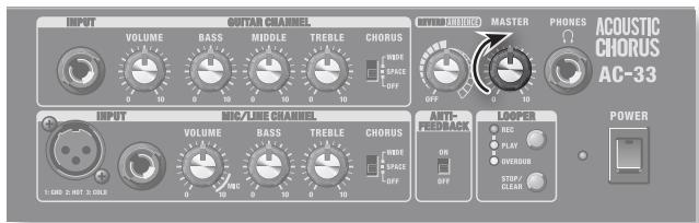 INPUT VOLUME BASS MIDDLE TREBLE CHORUS WIDE SPACE OFF POWER VOLUME BASS TREBLE CHORUS WIDE SPACE OFF POWER VOLUME BASS TREBLE CHORUS WIDE SPACE OFF POWER VOLUME BASS TREBLE CHORUS WIDE SPACE OFF POWER ACOUSTIC CHORUS AC-33