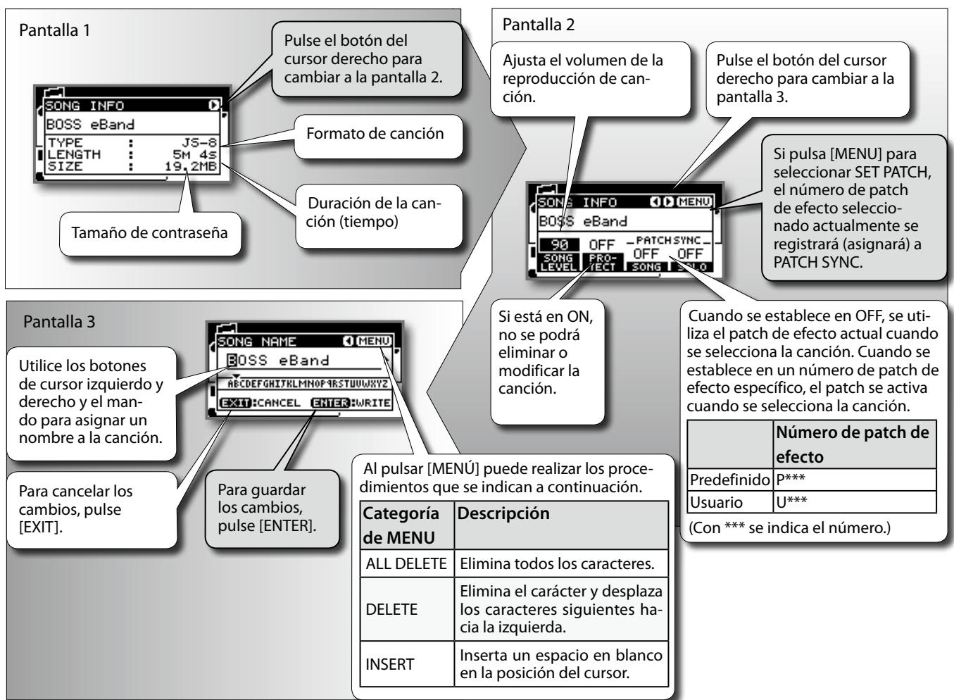 ROLAND EBAND JS-8 - Ajustes de canción (información de canción/protección/efec-tos/nombre de canción) - 1