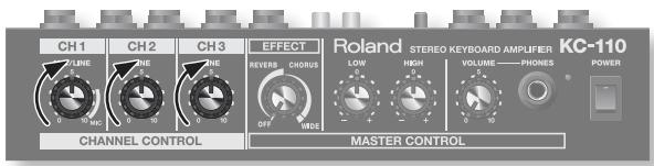 CH1 CH2 CH3 EFFECT Roland STEREO KEYBOARD AMPUFTER KC-110 LUNE NE NE REVER CHORUS LOW HIGH VOLUME———PHONES POWER CHANNEL CONTROL MASTER CONTROL