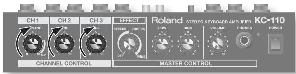 CH1 CH2 CH3 EFFECT Roland STEREO KEYBOARD AMPLIFIER KC-110 7LINE 7NE 7NE REVERS CHORUS LOW HIGH VOLUME—PHONES POWER 0 10 10 OFF MDE 0 10 CHANNEL CONTROL MASTER CONTROL