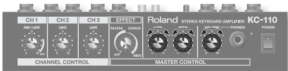 CH 1 MC/LINE 0 10 MC CH 2 LINE 0 10 CH 3 LINE 0 10 EFFECT REVER CHORUS OFF MADS CHANNEL CONTROL MANISTER CONTROL Roland STEREO KEYBOARD AMPLIFIER KC-110 VOLUME PHONES POWER