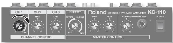 CH1 CH2 CH3 EFFECT Roland STEREO KEYBOARD AMPUFTER KC-110 LINE LINE REVERB CHORUS LOW HIGH VOLUME PHONES POWER CHANNEL CONTROL MASTER CONTROL