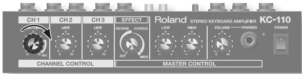 CH1 CH2 CH3 EFFECT Roland STEREO KEYBOARD AMPLIFIER KC-110 CHANNEL CONTROL MASTER CONTROL