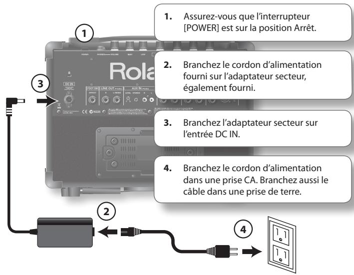 1. Assurez-vous que l'interrupteur [POWER] est sur la position Arrêt. 2. Branchez le cordon d'alimentation fourni sur l'adaptateur secteur, également fourni. 3. Branchez l'adaptateur secteur sur l'entrée DC IN. 4. Branchez le cordon d'alimentation dans une prise CA. Branchez aussi le câble dans une prise de terre.