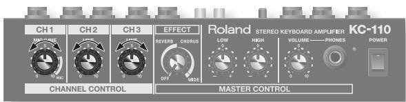 CH1 CH2 CH3 EFFECT Roland STEREO KEYBOARD AMPLIFIER KC-110 CHANNEL CONTROL MASTER CONTROL