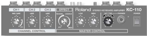 CH 1 MC/LINE 0 10 20 CH 2 LINE 0 10 CH 3 LINE 0 10 EFFECT REVERB CHORUS OFF MODE CHANNEL CONTROL MANISTER CONTROL Roland STEREO KEYBOARD AMPLIFIER KC-110 LOW HIGH UPPONE—PHONES POWER