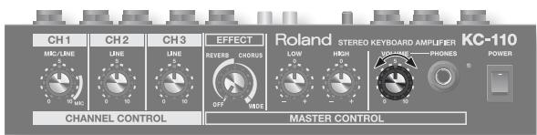 CH1 CH2 CH3 EFFECT Roland STEREO KEYBOARD AMPLIFIER KC-110 MC/LINE LINE LINE REVERS CHORUS LOW HIGH VOLUME PHONES POWER OFF WIDE CHANNEL CONTROL MASTER CONTROL