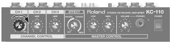 CH1 CH2 CH3 EFFECT Roland STEREO KEYBOARD AMPLIFIER KC-110 LINE LINE REVERS CHORUS LOW HIGH VOLUME PHONES POWER 0 10 0 10 OFF WIDE 10 CHANNEL CONTROL MASTER CONTROL