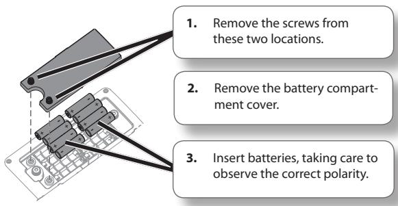 1. Remove the screws from these two locations. 2. Remove the battery compartment cover. 3. Insert batteries, taking care to observe the correct polarity.