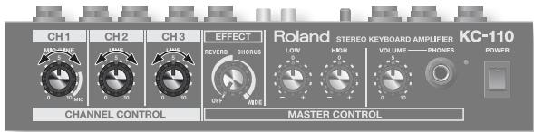 CH1 CH2 CH3 EFFECT Roland STEREO KEYBOARD AMPLIFIER KC-110 MC-ANE HIGH VOLUME—PHONES POWER OFF MDE1 CHANNEL CONTROL MASTER CONTROL