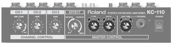CH1 CH2 CH3 EFFECT Roland STEREO KEYBOARD AMPLIFIER KC-110 MC/LINE LIME LIME REVERS CHORUS VOLUME PHONES POWER OFF MIDE CHANNEL CONTROL MASTER CONTROL