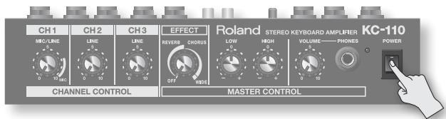 CH1 CH2 CH3 EFFECT Roland STEREO KEYBOARD AMPLIFIER KC-110 MIO/LINE LINE LINE REVERS CHORUS LOW HIGH VOLUME—PHONES POWER CHANNEL CONTROL MASTER CONTROL