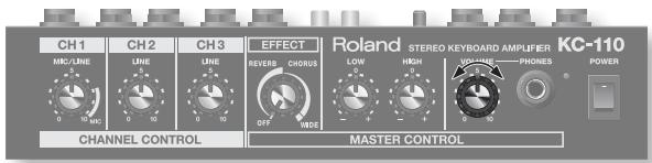 CH 1 MC/LINE 0 10 MC CH 2 LINE 0 10 Line CH 3 LINE 0 10 OFF EFFECT REVERS CHORUS OFF MODE Roland STEREO KEYBOARD AMPUFTER LOW HIGH VOHENS PHONES KC-110 POWER CHANNEL CONTROL MASTER CONTROL
