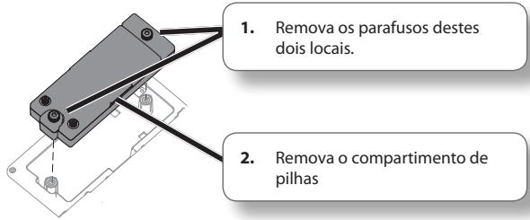 1. Remova os parafusos destes dois locais. 2. Remova o compartimento de pilhas