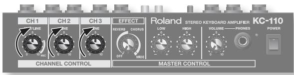 CH1 CH2 CH3 EFFECT Roland STEREO KEYBOARD AMPLIFIER KC-110 7LINE 7NE 7NE REVERS CHORDS LOW HIGH VOLUME—PHONES POWER 0 10 10 OFF MDE 0 10 10 CHANNEL CONTROL MASTER CONTROL