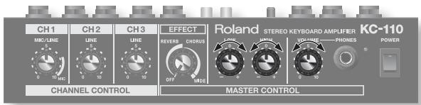 CH1 MC/LINE 0 10 MC CHANNEL CONTROL CH2 LINE 0 10 CH3 LINE 0 10 EFFECT REVERB CHORUS OFF MDE MANAGE Roland STEREO KEYBOARD AMPIFIER KC-110 VOLUME PHONES POWER 0 10 MASTER CONTROL
