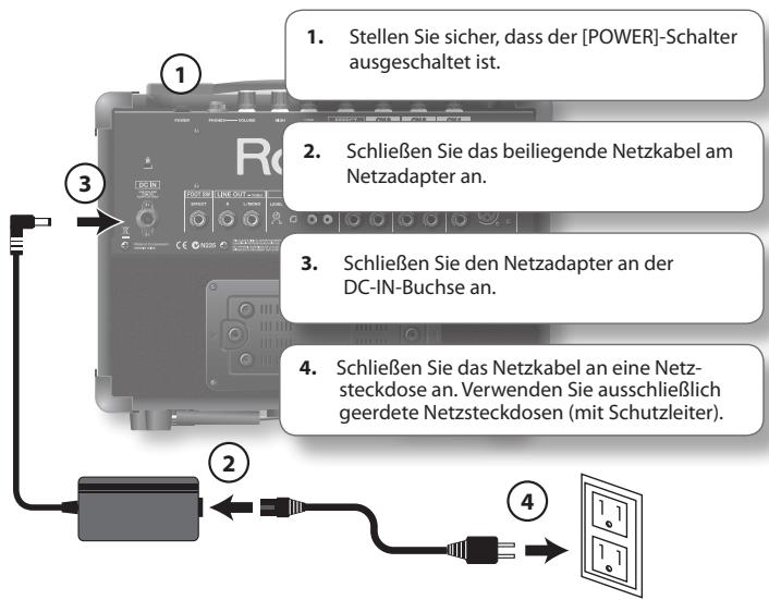 1. Stellen Sie sicher, dass der [POWER]-Schalter ausgeschaltet ist. 2. Schließen Sie das beiliegende Netzkabel am Netzadapter an. 3. Schließen Sie den Netzadapter an der DC-IN-Buchse an. 4. Schließen Sie das Netzkabel an eine Netzsteckdose an. Verwenden Sie ausschließlich geerdete Netzsteckdosen (mit Schutzleiter).