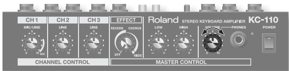 CH 1 MC/LINE 0 10 MC CH 2 LINE 0 10 CH 3 LINE 0 10 EFFECT REVER CHORUS OFF MADS Roland STEREO KEYBOARD AMPLIFIER KC-110 LOW HIGH VOLUME PHONES POWER CHANNEL CONTROL MASTER CONTROL