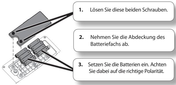 1. Lösen Sie diese beiden Schrauben. 2. Nehmen Sie die Abdeckung des Batteriefachs ab. 3. Setzen Sie die Batterien ein. Achten Sie dabei auf die richtige Polarität.