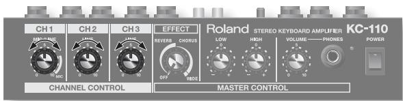 CH1 MC-PANE 0 10 20 MC CH2 LHD 0 10 20 CH3 LHD 0 10 20 EFFECT REVERS CHORUS OFF WIDE CHANNEL CONTROL MANISTER CONTROL Roland STEREO KEYBOARD AMPLIFIER KC-110 LOW HIGH VOLUME—PHONES POWER 0 10