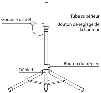 Goupille d'arrêt Tube supérieur Bouton de réglage de la hauteur Trépied Bouton du trépied