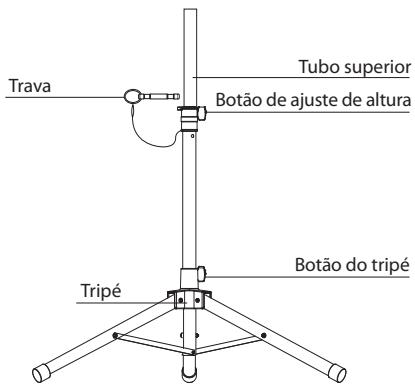 Trava Tubo superior Botão de ajuste de altura Tripé Botão do tripé