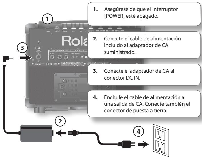 1. Asegúrese de que el interruptor [POWER] esté apagado. 2. Conecte el cable de alimentación incluido al adaptador de CA suministrado. 3. Conecte el adaptador de CA al conector DC IN. 4. Enchufe el cable de alimentación a una salida de CA. Conecte también el conector de puesta a tierra.