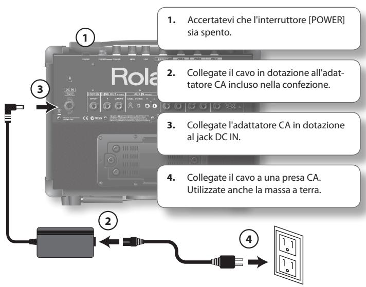 1. Accertatevi che l'interruttore [POWER] sia spento. 2. Collegiate il cavo in dotazione all'adattatore CA incluso nella confezione. 3. Collegiate l'adattatore CA in dotazione al jack DC IN. 4. Collegiate il cavo a una presa CA. Utilizzate anche la massa a terra.