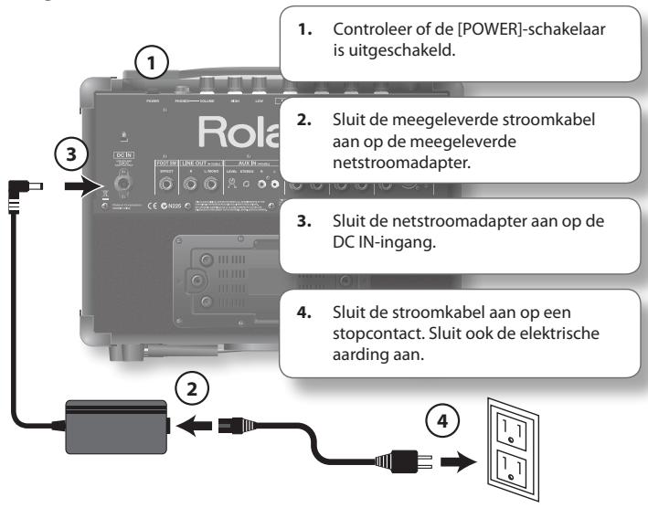 1. Controleer of de [POWER]-schakelaar is uitgeschakeld. 2. Sluit de meegeleverde stroomkabel aan op de meegeleverde netstroomadapter. 3. Sluit de netstroomadapter aan op de DC IN-ingang. 4. Sluit de stroomkabel aan op een stopcontact. Sluit ook de elektrische aarding aan.